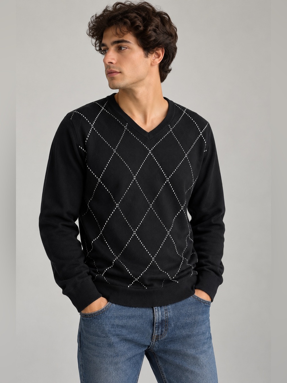 Izod Black V-Neck Sweater with White Argyle Stitch